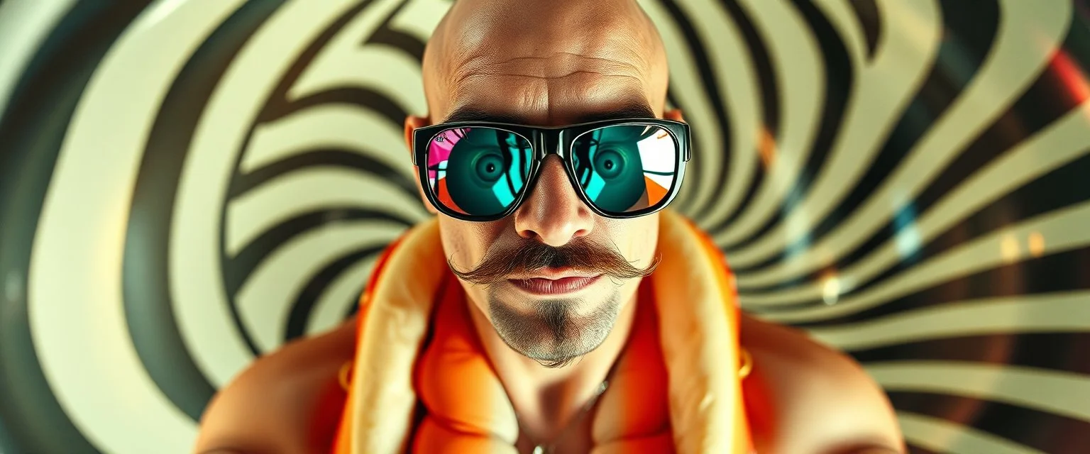 through pin hole pic camera, hot dog commercial caravan magic, blissfull genious, ultra chromatic, cyber jobe, flying yoga magic , lawn mover man movie character, portrait of upper body of cool transparent guy made with nano tape and with shades and mustache and bald head, saw blade beholder eye tyrant flating beholder kin with eyes on each saw blade tooth saying something profound, hypnotic zebra twirl background, with chrome reflections, like he is floating in a giger cartoon