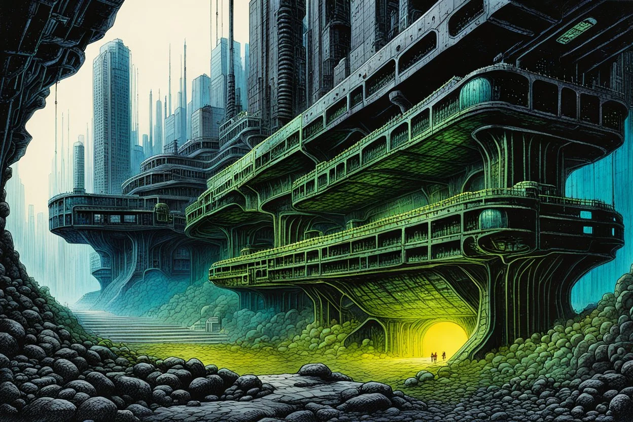 create a wildly conceptual illustration of a highly detailed irradiated, fetid, gaseous and decayed future underground fortification under a poisonous gloom utilizing asymmetric structural forms, in the sci fi art style of Don Maitz, , finely textured, drawn, colored, and inked