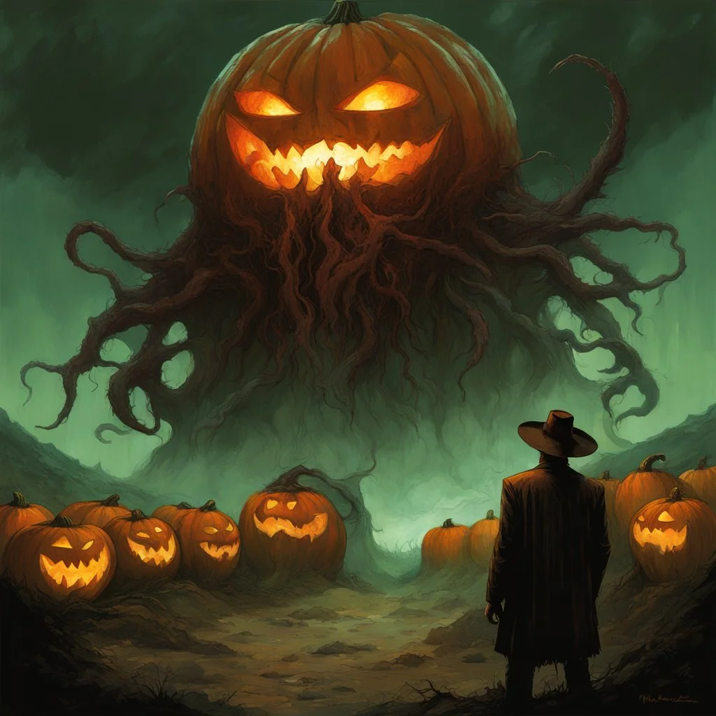 Lovecraftian Jack-O-Lantern Yog-Sothoth monster looming over a barn, by Otto Rapp, by Jeremy Mann, by Mike Dubisch, harvest moon, expansive color illustration surreal horror masterpiece; dramatic, deep red-black-orange colors.