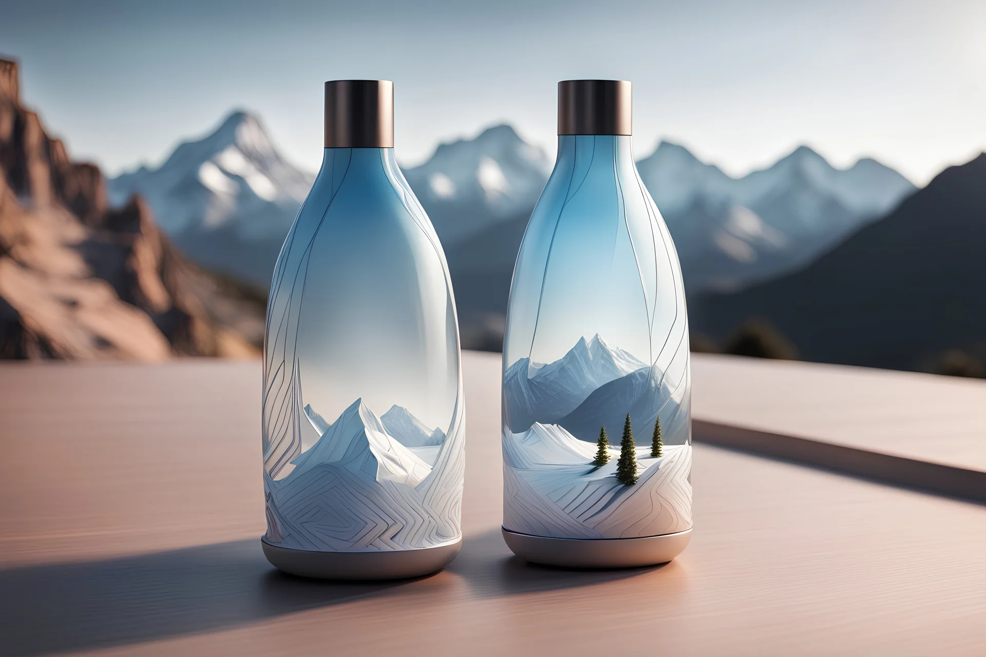 A futuristic bottle with interwoven components that allow for wirelessly controlled temperature settings, featuring clean lines and modern design. Set the scene alongside a smartphone for reference. Put a mountain landscape in the background