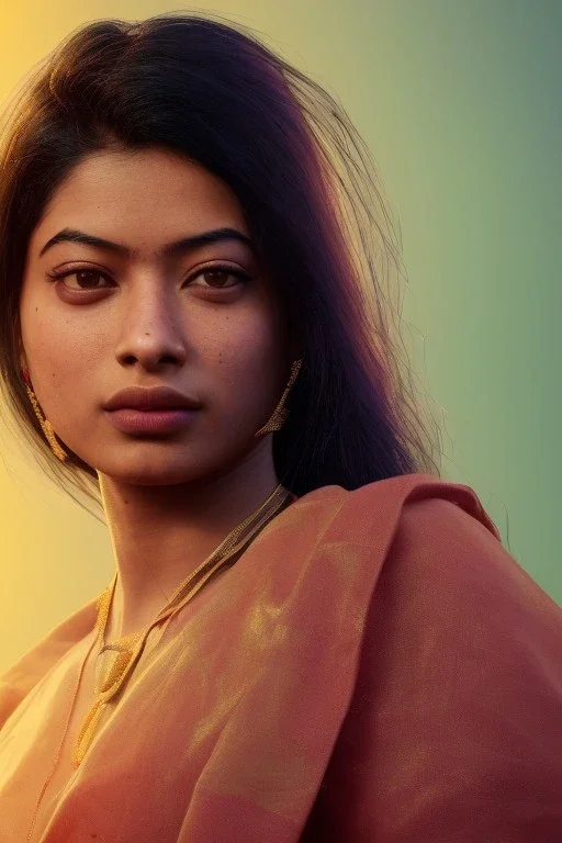 Indian actress Rashmika Mandanna, by Mahmoud Sai, Cartographic, Circuitry, Golden Hour, Closeup-View, 16k, Lumen Global Illumination, Diffraction Grading, hyper details