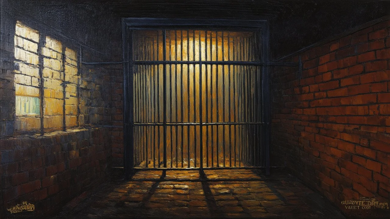 Detailed, realistic oil painting of a jail cell, dim lighting, intricate details in the brick walls and metal bars, by Vincent Van Gogh and Gustave Doré, (long shot), dark atmosphere.