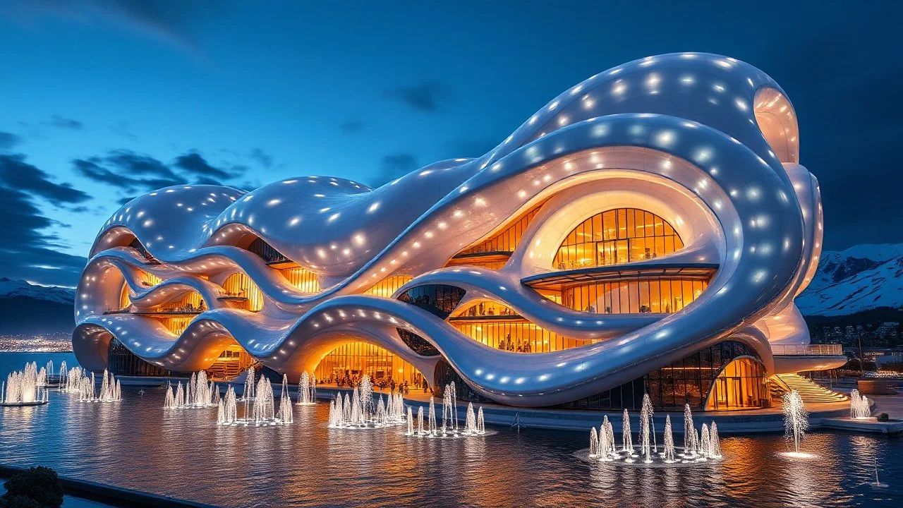 An enormous organic futuristic fantasy building at night, inspired by the fluidity of ocean waves, with undulating, curved walls made of shimmering, innovative semi-transparent opalescent materials. The happy building has large, curved, intriguing rounded windows, playful tentacles, curved balconies and suspended walkways. The building is surrounded by water and fountains, and there are snow-capped mountains on the horizon. Award-winning photograph, beautiful composition, joyful appearance