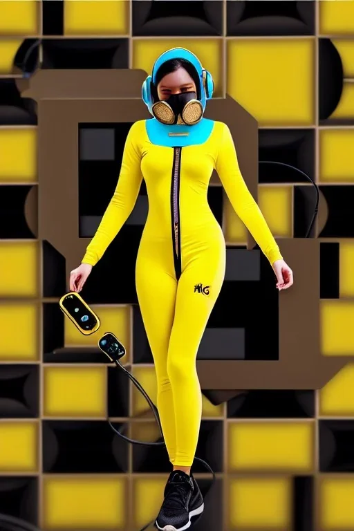 Realistic photograph. Geometric 3D tiling on the background, woman full-covered face mask. Bronze color Yellow Black Cyan. AKG headphones, golden rings & disc. Selfie both hands. Lightly armored, electronic circuit. Cyber-punk full-mask. Thick tights. Thick calves. Curved fell. Wide hip. Flat belly. Ancient artifact cables between. Perfect body. Matrix movie clothes, Silver leather area, tippet, latex. Wicked sneakers. Daft Punk helmet, Tron Movie. Egyptian Haute Couture 1990's. Light from right