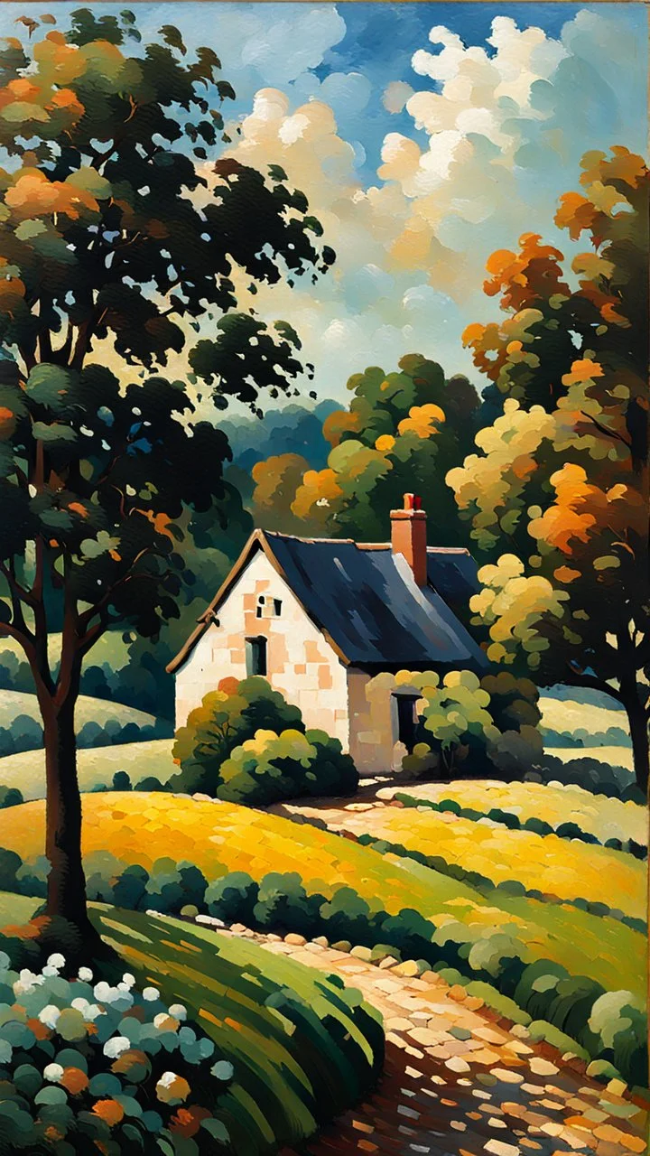 oil painting of a cottage surrounded by fields and trees in pissarro style