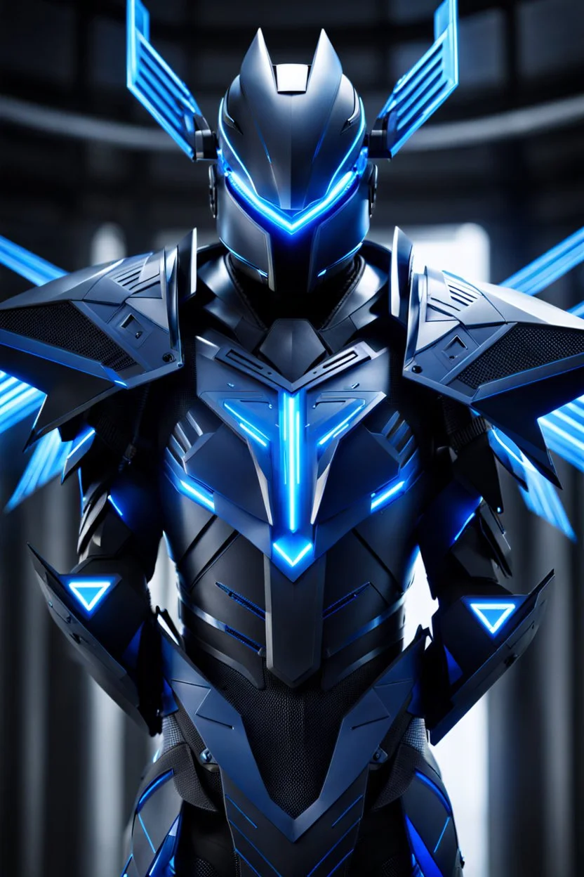 neon blue, flying parts of armor in form of triangles, cyber armor, geometric patterns on armor, male, orbiting triangle