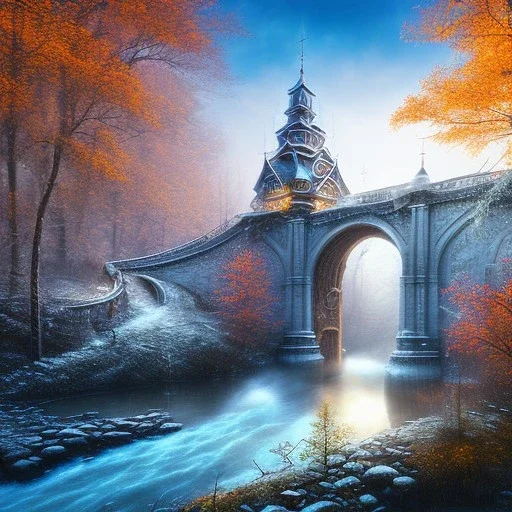 close up on white horse on the bridge, spray painted fantasy art, book cover ,the stairs of a high bridge or dam in magical forest,autumn icy water, statue in water