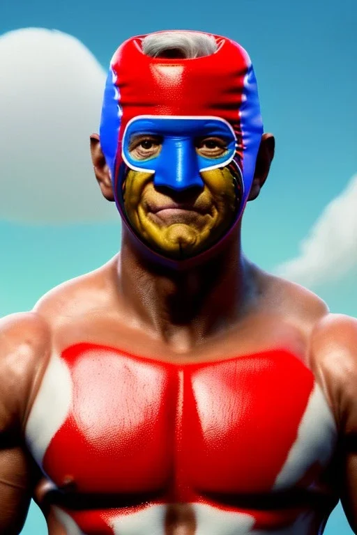 realistic image of joe biden as a mexican wrestling fighter posing, Mexican eyes wrestling mask, red and blue breeches, retro style, 80s, vibrant color, highly detailed, sky background, concept art, unreal engine 5, god rays, ray tracing, RTX, lumen lighting, ultra detail, volumetric lighting, 3d, finely drawn, high definition, high resolution.