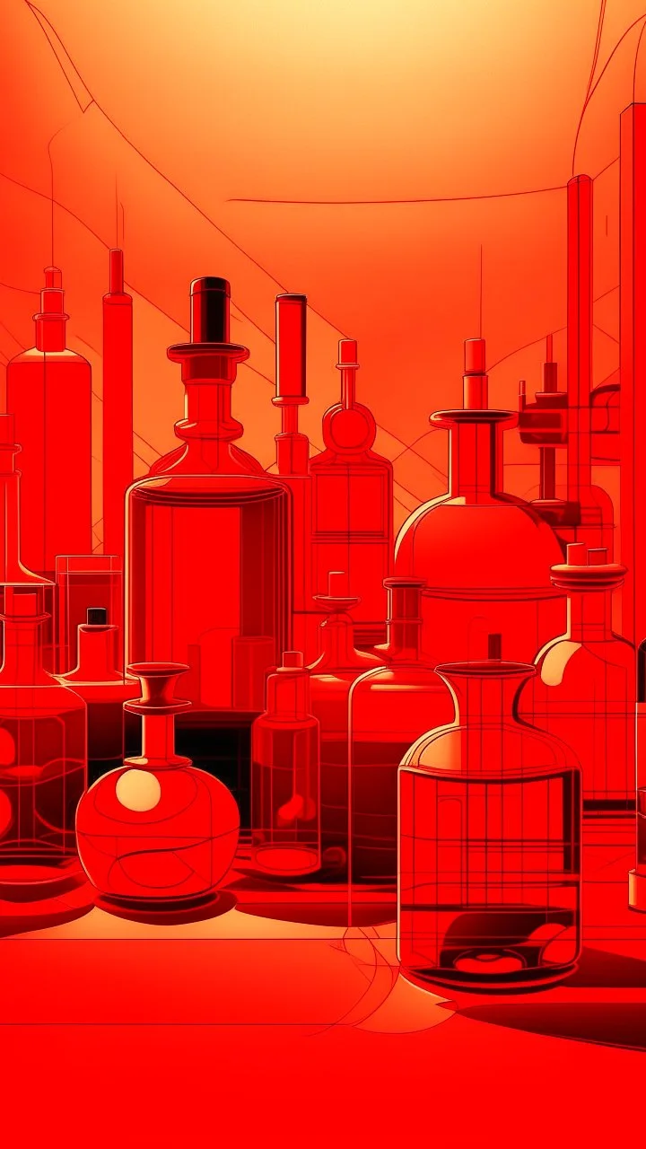 An orangish red laboratory with vials in Rayonism art style