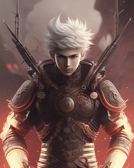 Detailed anime boy, dark brown hair, black and red dragon scale armour, intricate details, full body portrait, keep head in frame, slight smile, black Japanese motif, concept art, highly detailed, digital painting, concept art, sharp focus, illustration, art by Yoji Shinkawa, WLOP and greg rutkowski and alphonse mucha and artgerm and yanjun Chen and Junji ito and Makoto Shinkai, HDR, octane render