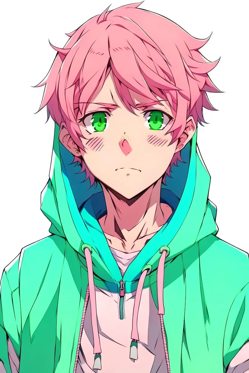 An anime man with messy short pink hair and blue eyes wearing a green hoodie