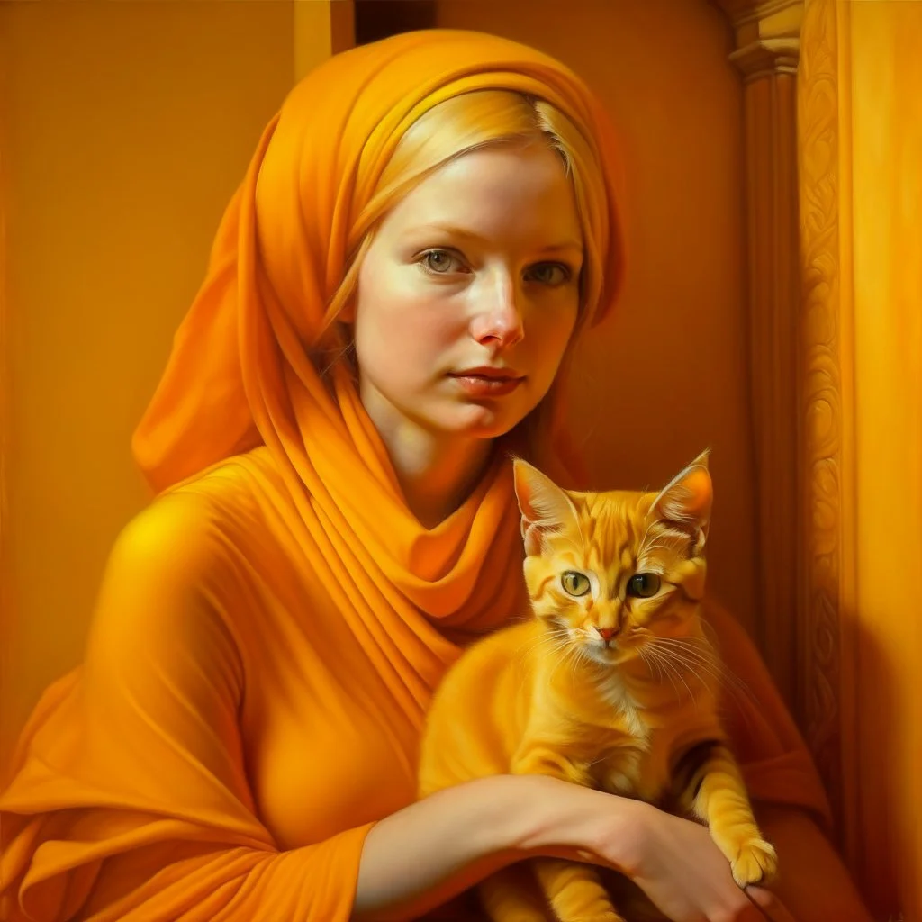 Neoclassicism realistic yellow orange tuscany woman and kitten