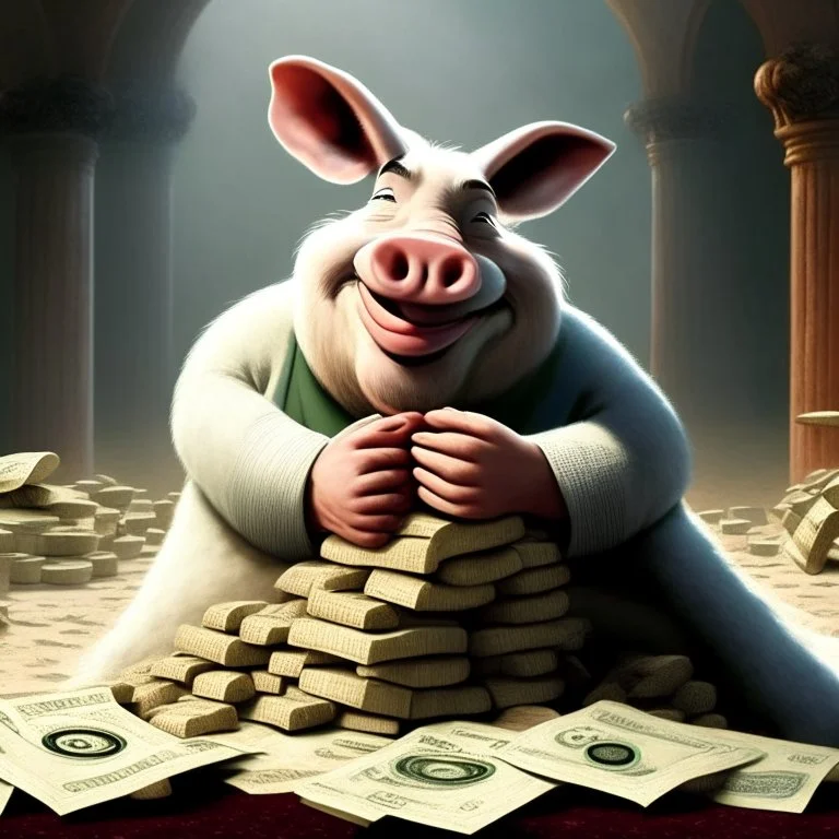 piggish cloven foot lying on stacks of money, bugs bunny