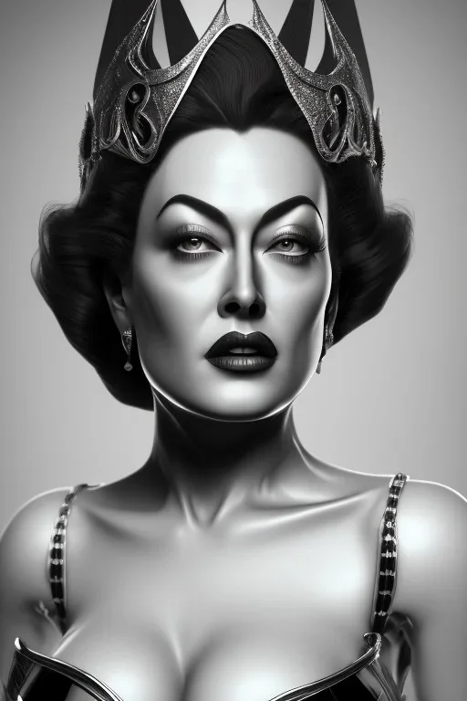 Joan Crawford as evil queen in black leather, busty, cleavage, dominatrix, curvy, angry, stern look. unreal 5, octane render, cinema4d, dynamic lighting, dramatic lighting, 4k, redshift render, highly detailed, hyper realistic,anthropomorphic