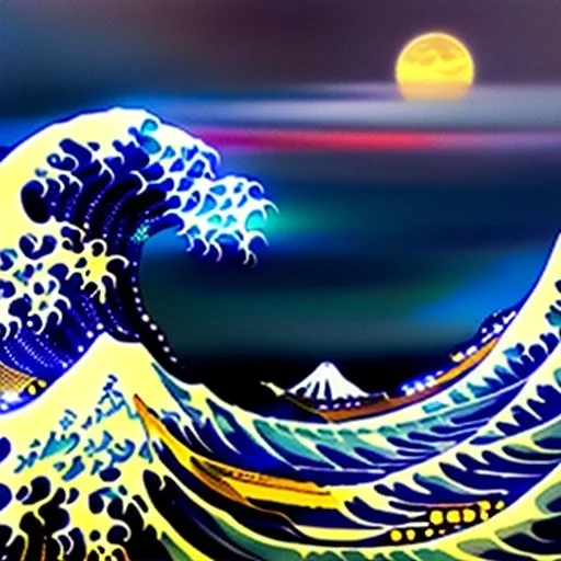 The great wave of kanagawa painted with clouds of colours,ystical colors ,perfectly centered image, perfect composition, rim light, beautiful lighting,masterpiece ,8k, stunning scene, raytracing, anatomically correct, in the style of Simon Bisley and Ohrai Noriyoshi and robert e howard and Steve Jung and Wizyakuza and uncannyknack