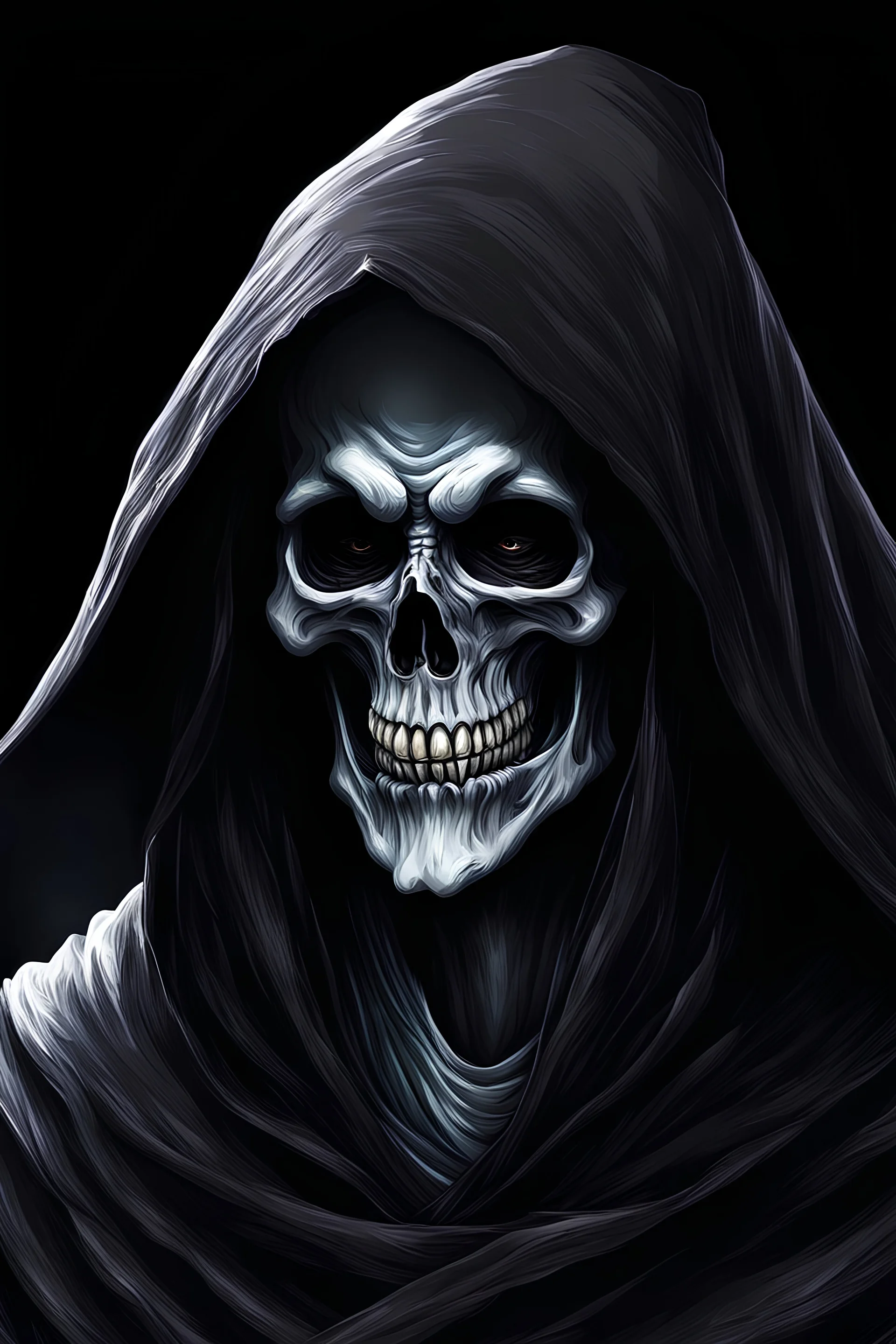 ultra high image quality, Grim Reaper Close-up of an set against AMOLED-worthy pure black backdrop, fantasy art style infused with filter, tailored for vertical wallpaper, exclusive design with no duplicates, radiating beauty suitable for a PC screen image, vivid colors, ultra fine, digital painting.