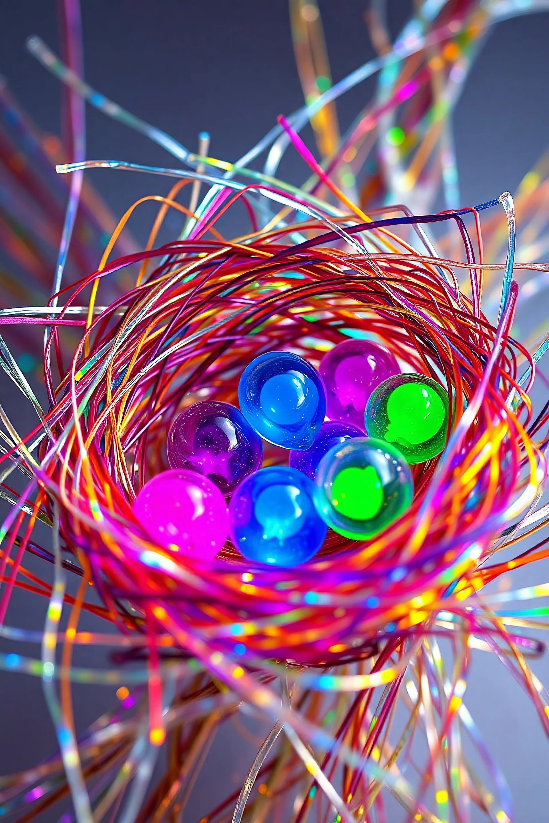 A nest woven from the finest glass threads, iridescent with all the colors of the rainbow, with accents on bright neon shades. Inside the nest are several eggs made of transparent glass, filled with neon colors — blue, pink, purple and green, creating a glow effect. Each thread of the nest is carefully designed, reflecting light, creating complex weaves and patterns resembling a spider's web. The composition was shot from a close angle, emphasizing the details and texture of the glass. The backg