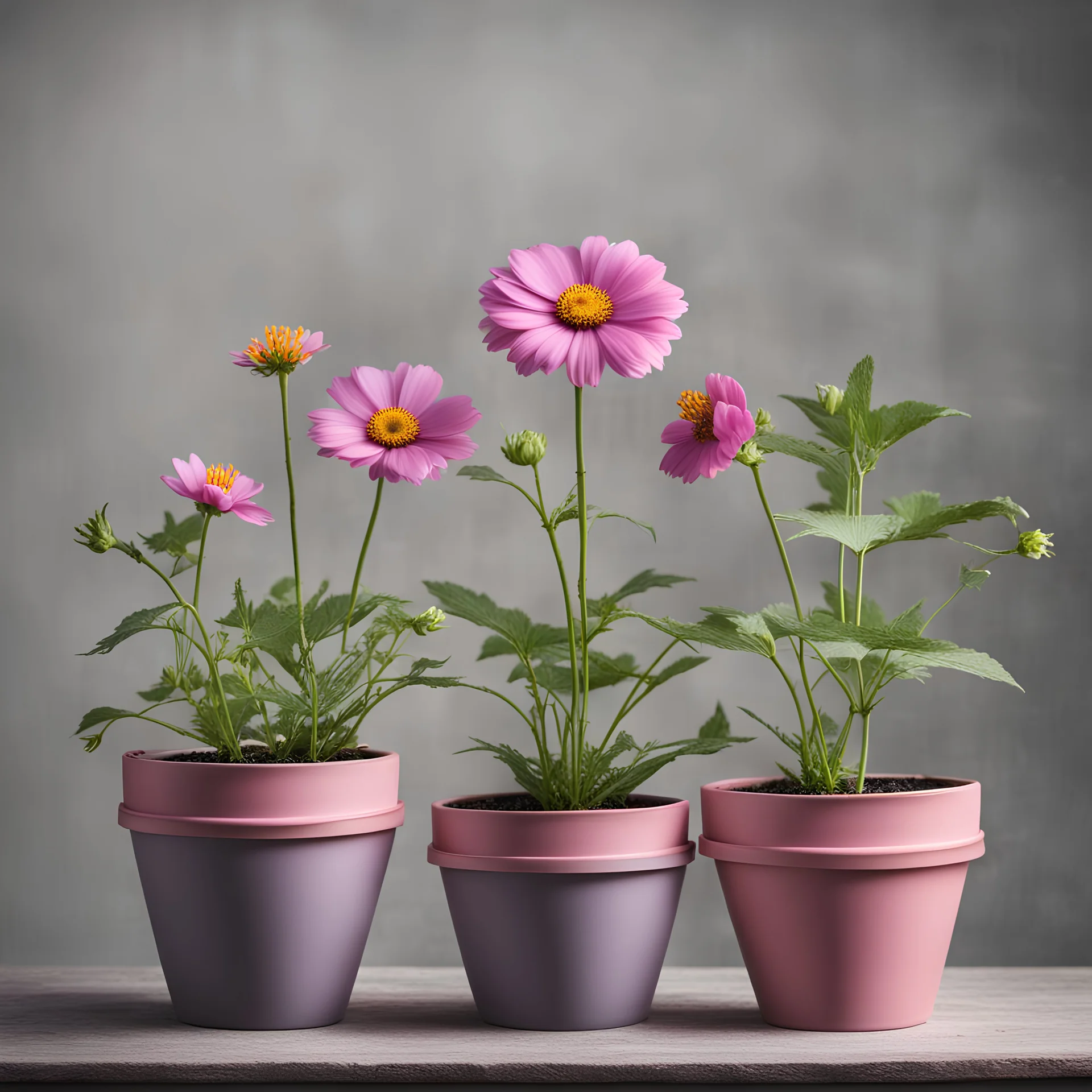 A stock photo of three Cosmo flowers in pots