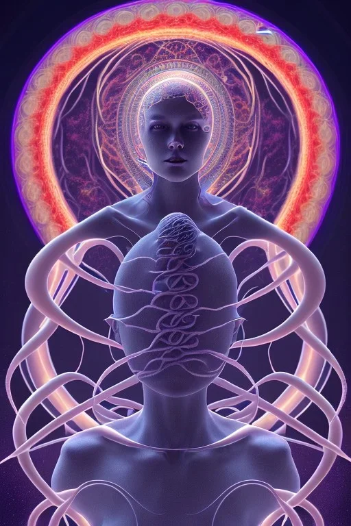 Spiritual being with Tentacles over human Head creating reality around, wrapping Spiral around Human, Psychedelic