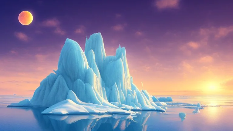 cartoon illustration: nature with icebergs and frozen sea, sun in the sky