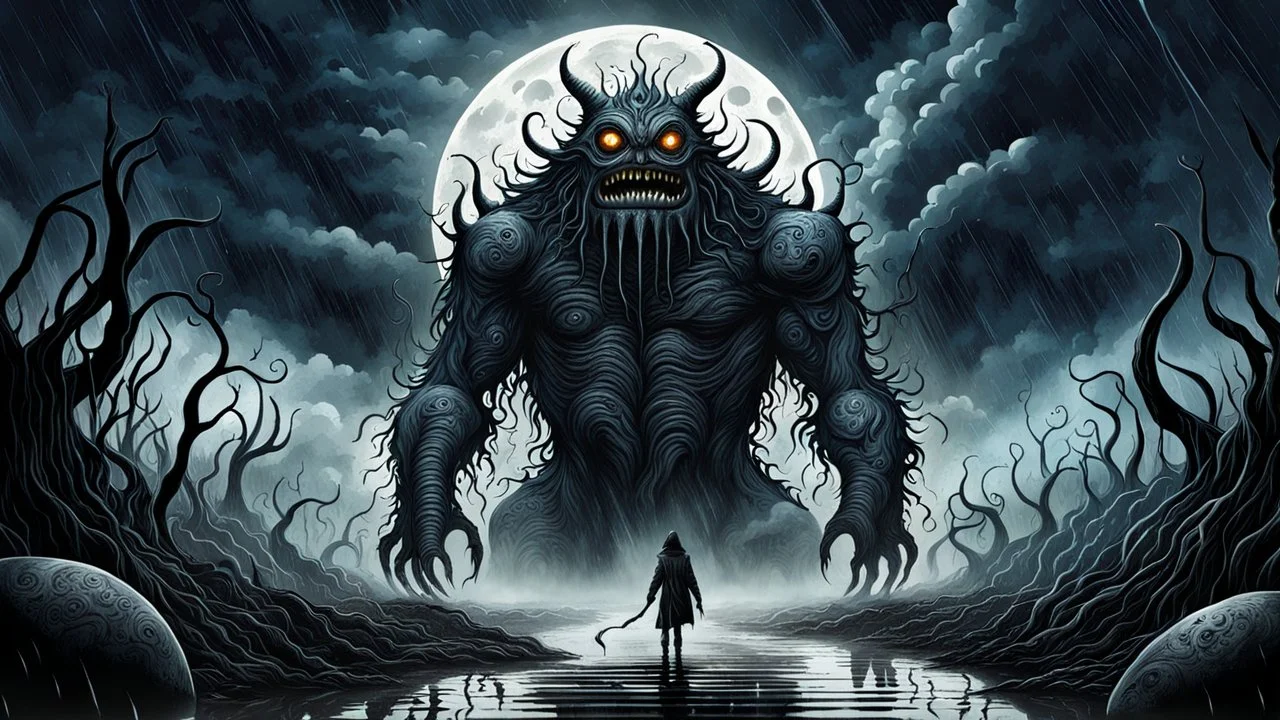 gentle, protective monsters, evil people, random background random, deep dark color, , moon, mist, rain, highly detailed, weird , surreal dark fantasy mood style like T. Burton