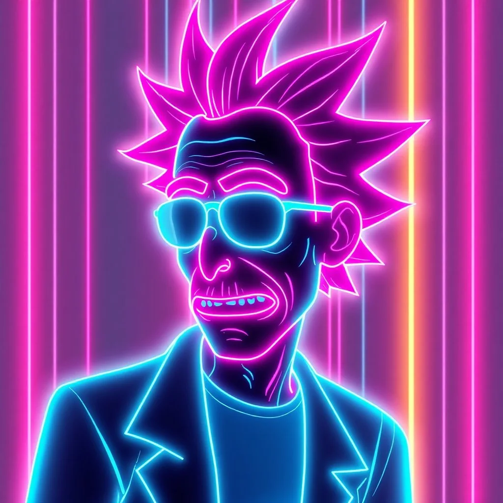 Holographic Vaporwave Glitch, 3D hologram of Rick Sanchez, glowing line