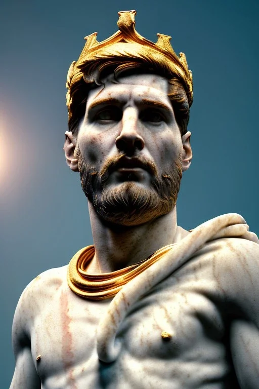 Realistic image, Roman sculpture made in white marble with gold veins, Lionel messi with gold laurel leaves crown, decorative star on the chest, waist up portrait, marble material, gold ornaments, Baroque style, sun rays background, epic, celestial, cinematic lighting, God lights, 4k resolution, smooth details, soft lighting, unreal engine 5, art station, substance 3d.