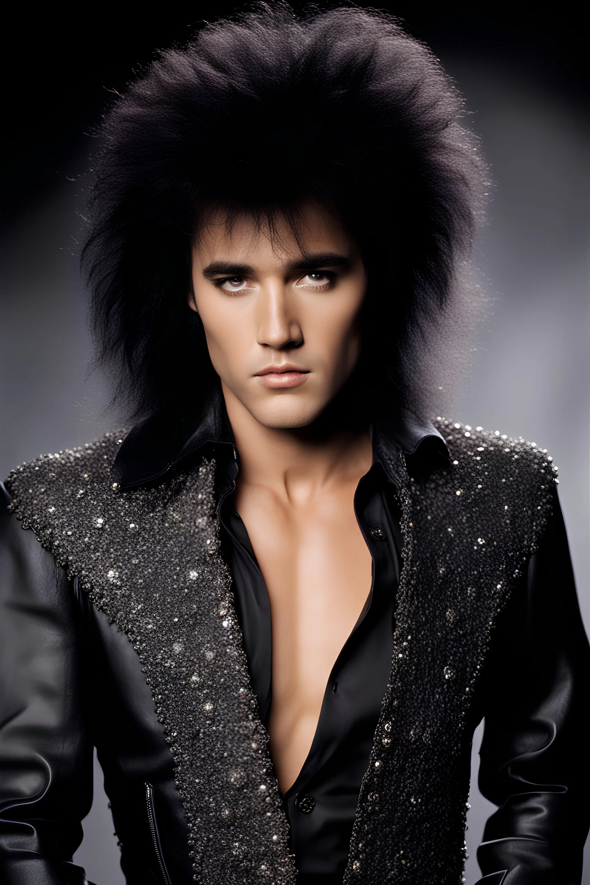 What Elvis Presley would look like if he were in a 1980s, big hair, glam rock band with long, teased up, spikey black hair, full color image,