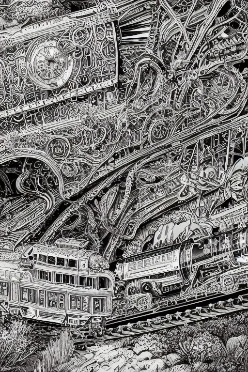 Insanely detailed intricately detailed meticulously detailed hyperdetailed black outline of a train on gold paper, high contrast, beautiful landscape, detailed full-color, nature, HD photography, Josan Gonzalez, Tishk Barzanji, Anne Dittmann, autoCAD