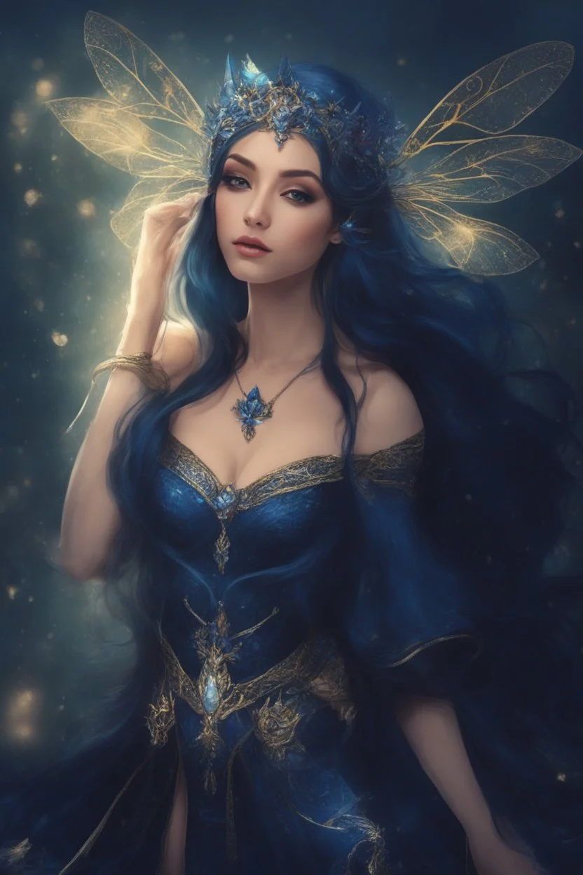 Midnight blue,Dark blue hair,night,dark fairy princess ,elven crown,elven ears,sparkle,glitter,gold armor,dragonflies,rapunzel hair,water lilies