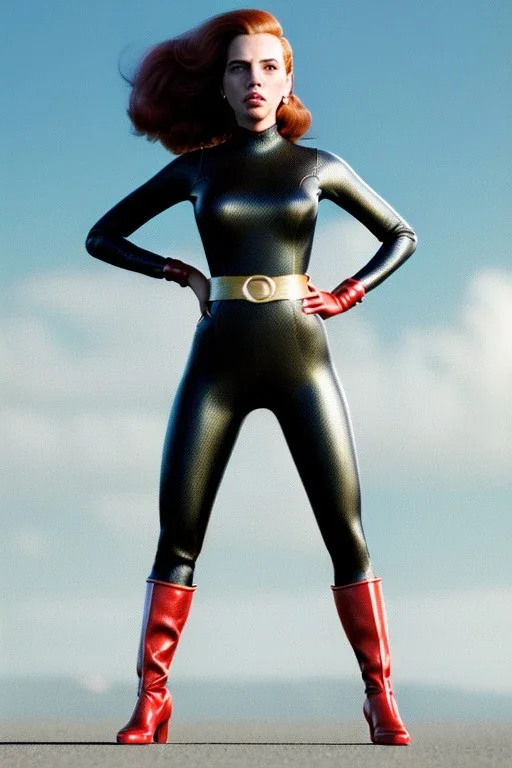 retro portrait image from 1960, sky background, wind, long red hair, fighting stance, sweet young Scarlett Johansson, black dress, classic long tight lycra black suit, gold bracelet and belt, high heel boots, superhero style, soft color, highly detailed, unreal engine 5, ray tracing, RTX, lumen lighting, ultra detail, volumetric lighting, 3d, finely drawn, high definition, high resolution.