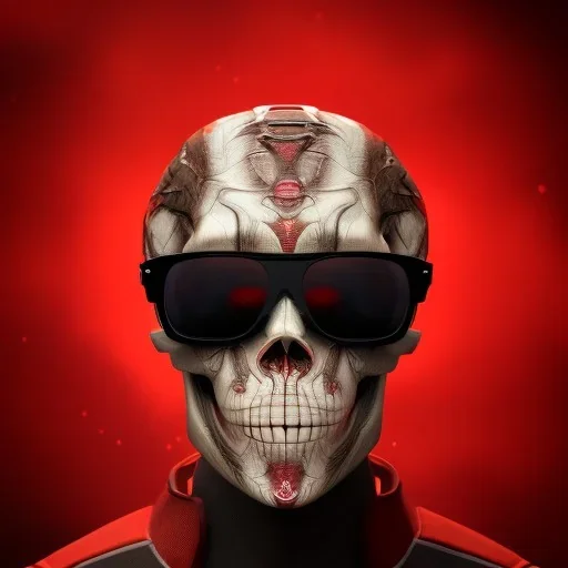 Midjourney style of detailed and intricate skull wearing red sunglasses| wearing cosmonaut suit| portrait and science fiction theme| aurora lighting| nebula and stars| stunning environment| volumetric lighting| vibrant