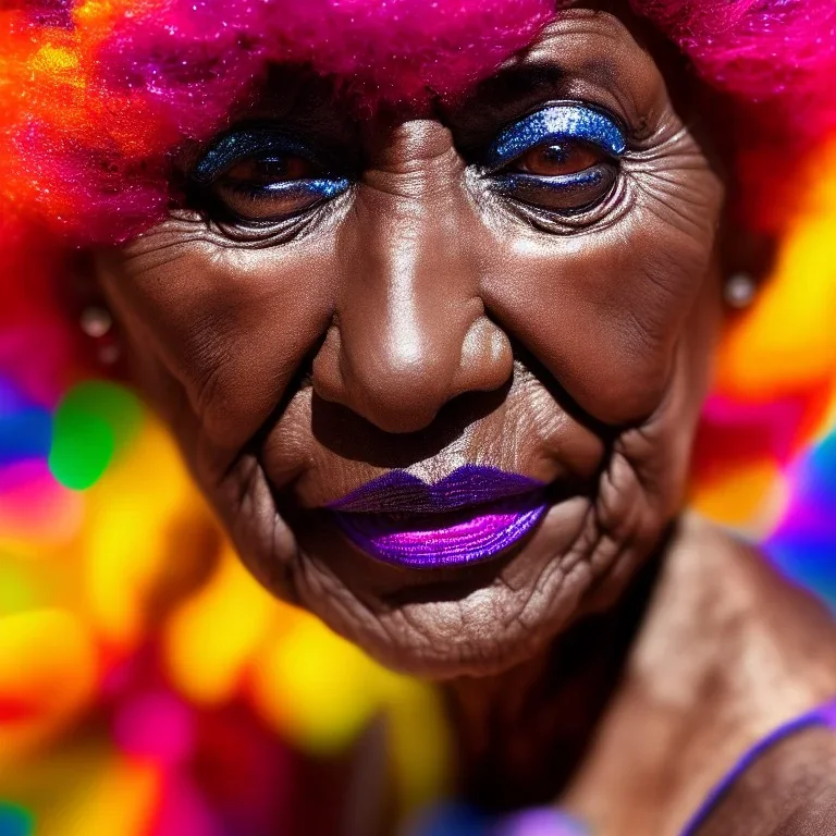 masterpiece, best quality, old woman, dark skinned, sparkling eyes, fluorescent skin, colorful makeup, afro, head shot, highly detailed body, sun light, 4K, RAW, depth of field, high contrast, realistic details, 24mm