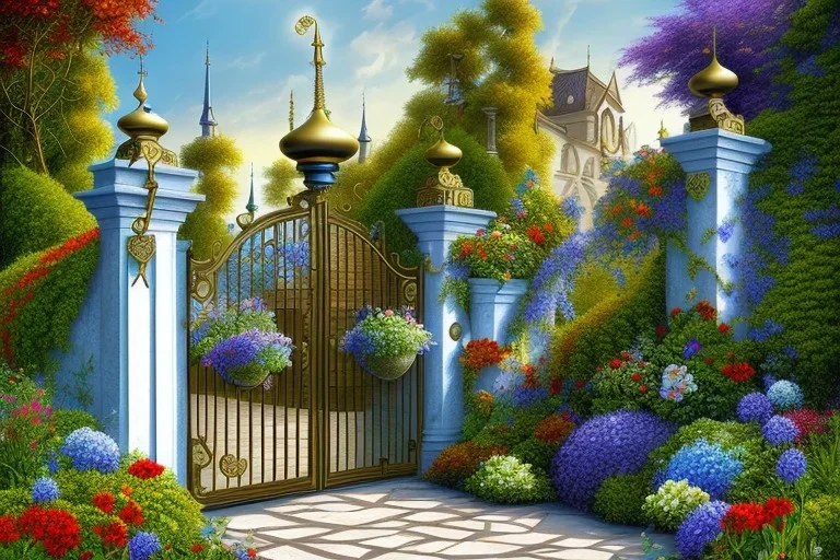 beautiful ornate gate, garden, path, flowers, fine detail, acrylic paint, Zouave