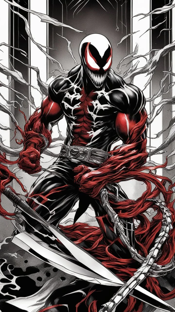 A close picture of Venom symbiote as ghost of Sparta red tattoos and Clothes, holding blade of choice