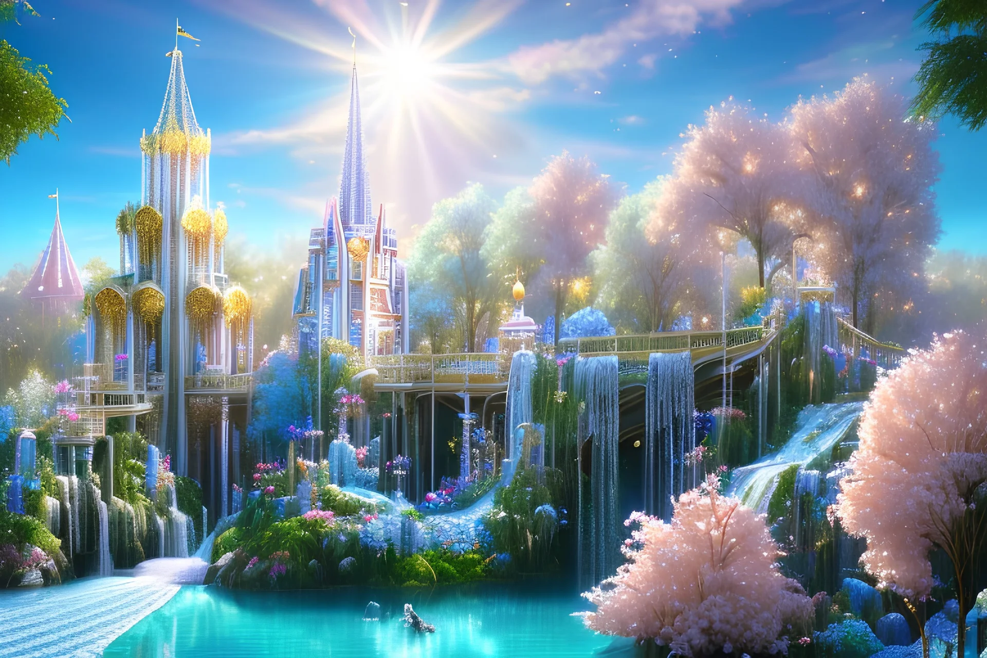  white and gold crystal PALACE，waterfall, BLUE LAKE, SWANN,flowers, flower trees, sky pink blue, full of details, smooth, bright sunshine，soft light atmosphere, light effect，vaporwave colorful, concept art, smooth, extremely sharp detail, finely tuned detail, ultra high definition, 8 k, unreal engine 5, ultra sharp focus