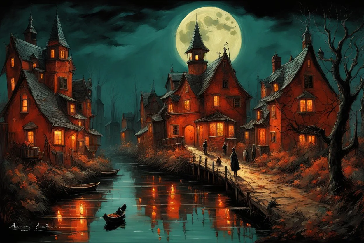 Sinister witches village street on lakeshore, expansive haunted village landscape, full harvest moon, by Alexander Jansson, by Jeremy Mann, by Francisco Goya, hyperreal; deep vibrant rich orange, black, and red color scheme; ultra intricate complex detail, reflections, cel-shading, creepy silhouettes, watercolor impressionism.