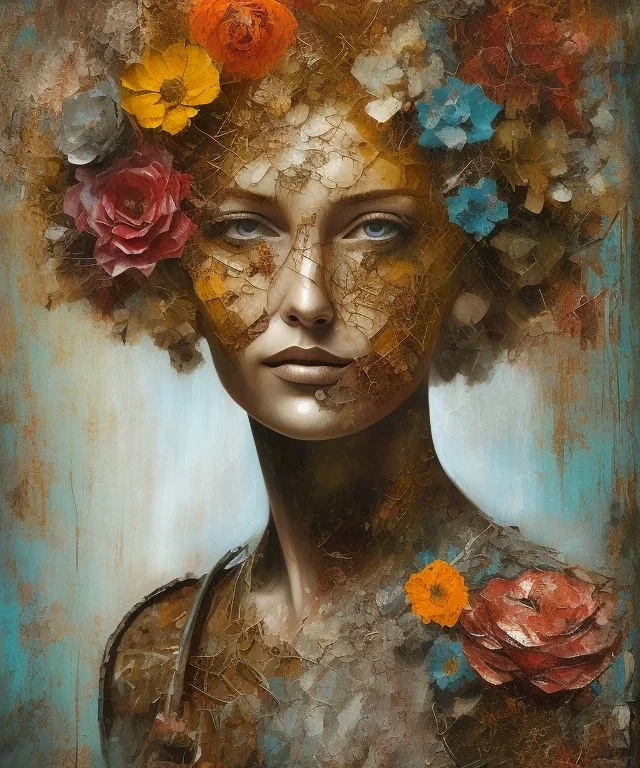  an abstract painting of rusted metal and flowers, african portrait, rust, scaffolding, iron cladding, decay, mixed media, textured, anatomically correct, beautiful perfect face, sharp focus, highly detailed, injured face