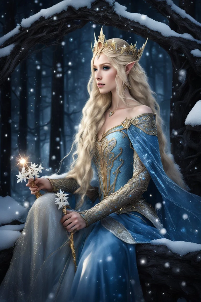 Elven princess,elven crown,long blonde golden hair,rapunzel hair,ice flowers,beautiful,light blue,dark blue,golden armor,sparkle,glitter,ice flowers,snow,elven ears,dark fairy princess