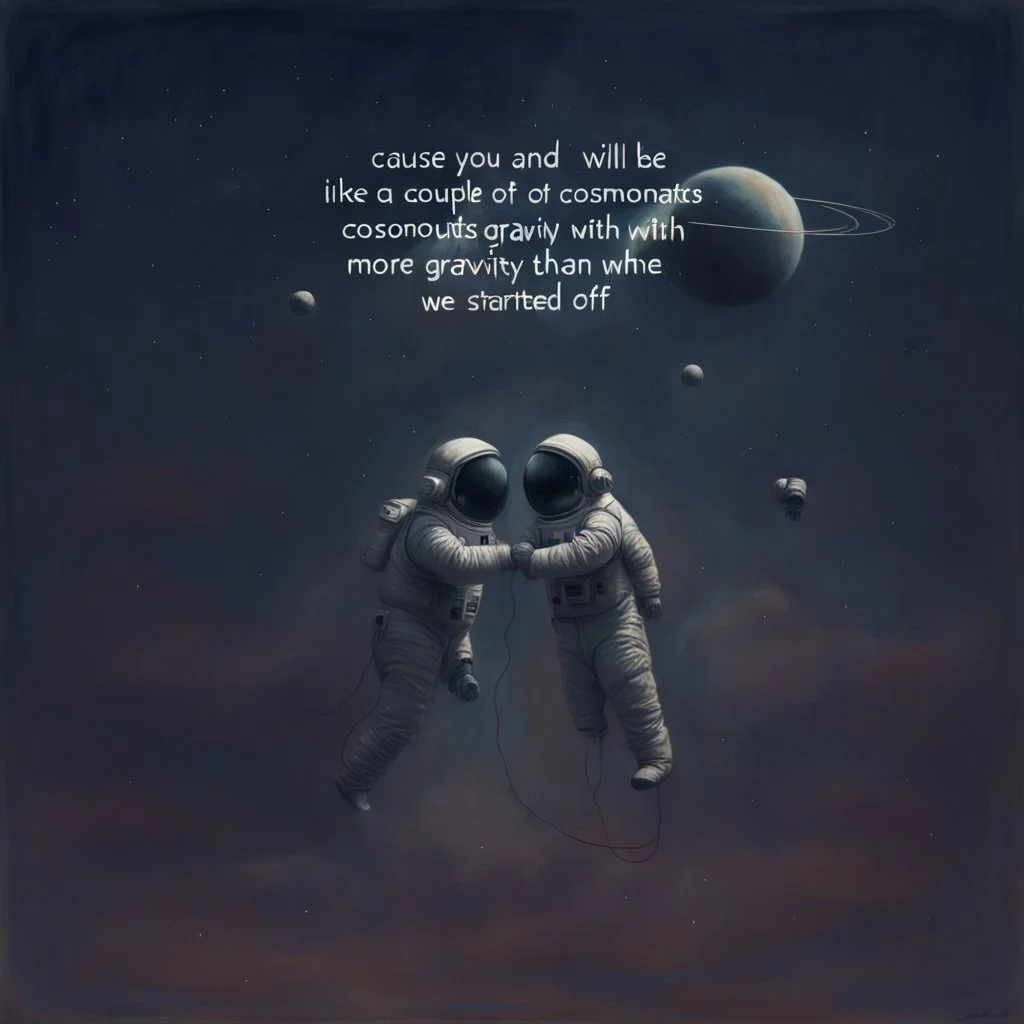 'Cause you and I will be like a couple of cosmonauts Except with way more gravity than when we started off" minimalisric surreal space composition Modifiers: oil on canvas surreal Mixed Media mysterious Impressionism heavy brushstrokes Jamie Heiden Gayane Khachaturian arbitrary colour alteration dmt puff mild exorcism Squeak Carnwath Bif Inc.™