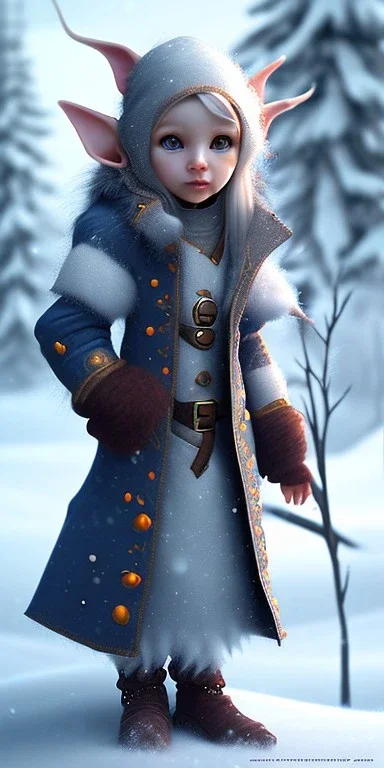 Tiny cute and adorable elven adventurer dressed in a warm overcoat with survival gear on a winters day, Cedric Peyravernay Art, anthropomorphic --ar 2:3 --beta --up