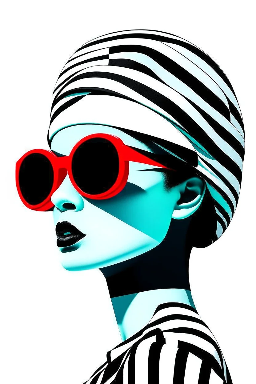 minimalist portrait photography, digital art, opart, woman face painted red, black and white dress, round black sunglasses, black and white swimming cap, side view by Franck Gerard