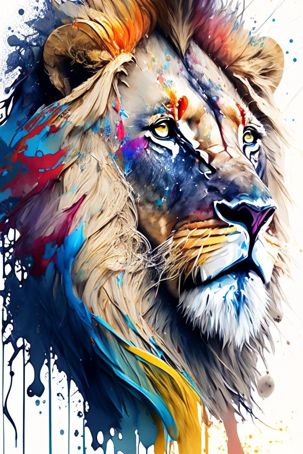 "lion", clean design, art station, splash of colorful paint, contour, ((solid white background)), gazing into camera, hyperdetailed intricately detailed, unreal engine, fantastical, cinema lighting, intricate detail, splash screen, complementary colors, fantasy concept art, 8k resolution, DeviantArt masterpiece, watercolor, paint dripping