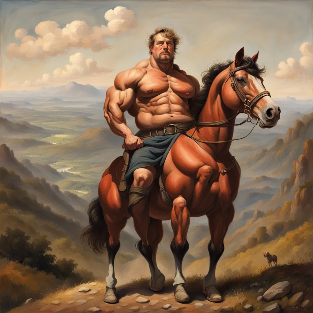 a big muscle man sitting on a horse in hills like a 19th painting