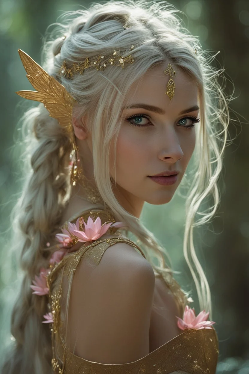 Pointed elven ears,Blonde hair ,Pink dress,Sparkling fairy wings,Very long golden hair,Fairy crown,pointed ears,elven ears,fairy wings,water lilies,sparkling,glittering,flowers,blossoms,golden crown,light pink dress