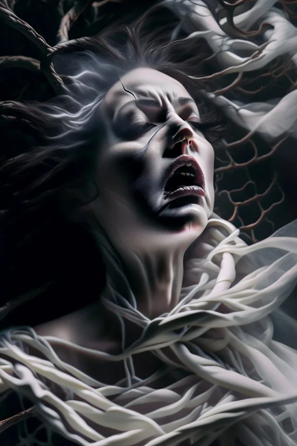 A beautiful woman is gasping for air as she is cought up in Multiple entanglements between a twisted thin piece of cloth as part of many twisted and spiraling branches disappearing into the distant mist, epic photo, sharp on highly detailed skin with wrinkles and high contrast, photorealistic, 4K, 3D, realism, hyperrealism, detail, good lighting, detailed texture, modern photography style, 3D, 4D, 4K