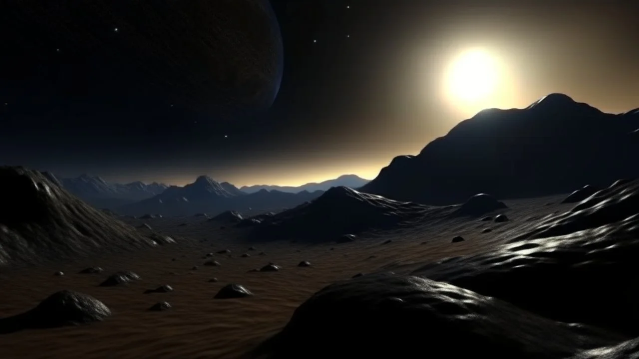 4k, hyper-realistic, Ultra-HD, Ray-tracing, Alien planet, mountainous, Has asteroid belt, milky way, stars, dark, black hole, Sand Worm rising from dunes