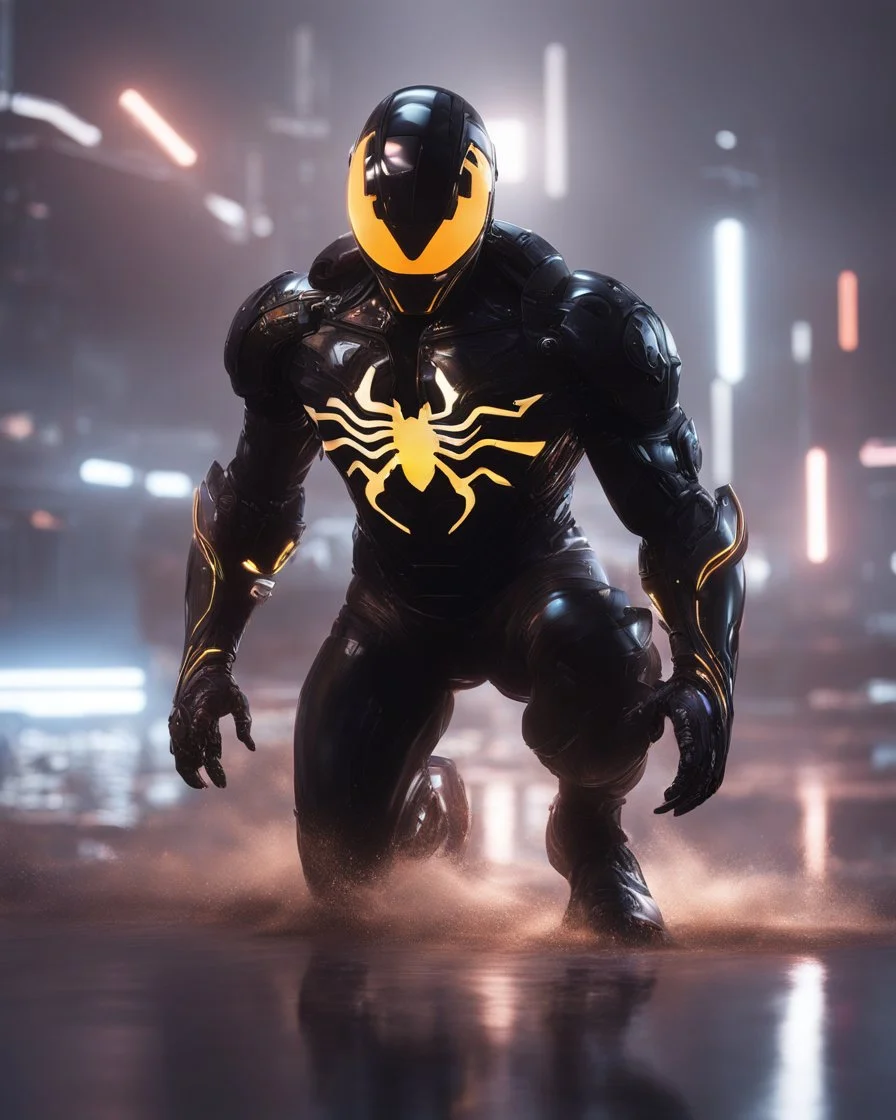 A detailed raw photo of the Venom black Cyborg made entirely of luminescent and translucent liquid materials, bathed in cinematic light. You can see all the inside of his body, with two Daft Punk-style, realistic elements, captured in infinite ultra-high-definition image quality and rendering