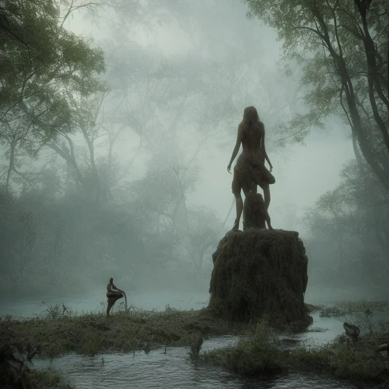 giant statue wornderfull woman abandoned between moutain, swamp, water, glass, fog, highly realistic, highly detailed, intricate, 8k