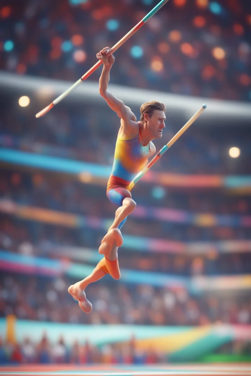 cartoonish man psychedelic pole vaulting in the Olympics ,,bokeh like f/0.8, tilt-shift lens 8k, high detail, smooth render, down-light, unreal engine